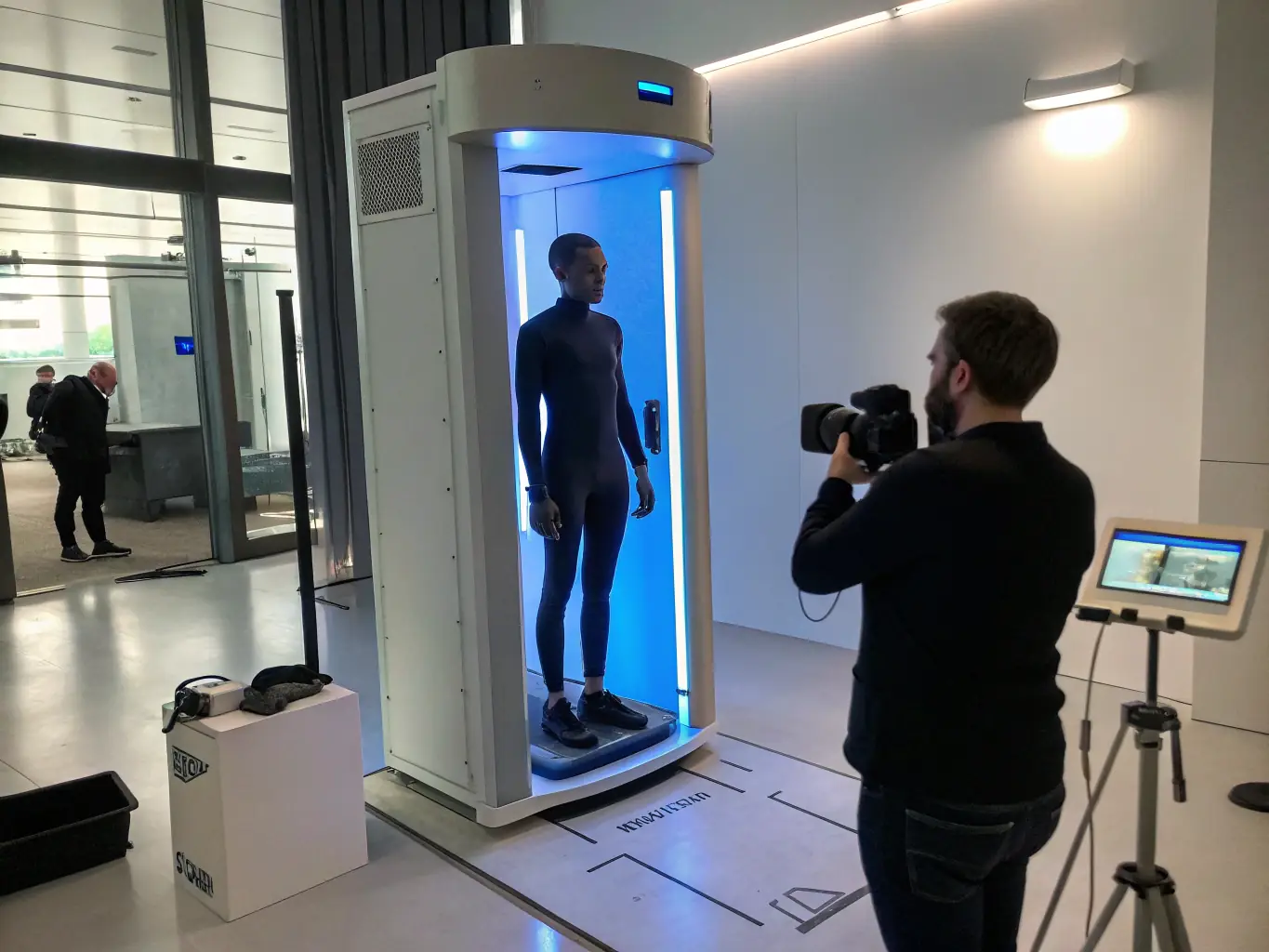 A detailed 3D scan of a person being taken in a high-tech scanning booth, showcasing the precision and technology involved in capturing body measurements for virtual try-ons.