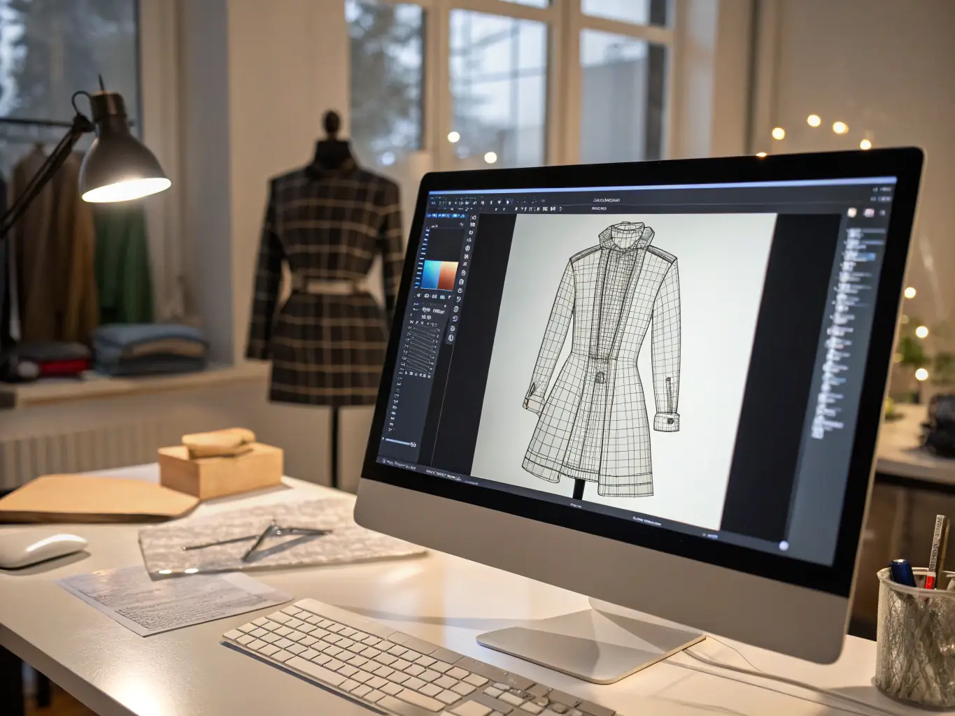A digital rendering of a futuristic garment being virtually draped and simulated on a 3D avatar, demonstrating the digital fashion techniques used to create realistic and dynamic clothing designs.