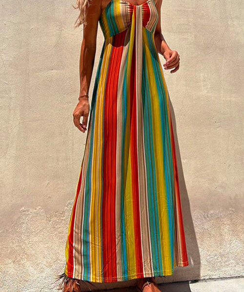 Spaghetti Strap Sleeveless Bow Design Colorful Striped Maxi Vacation Dress