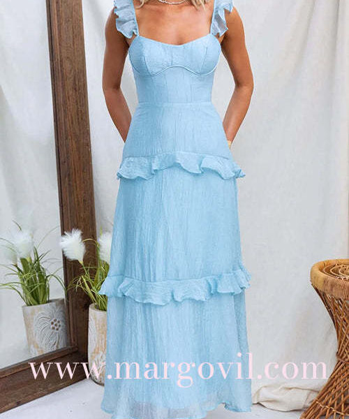Backless Lace-up Ruffle Trim Sleeveless Maxi Dress