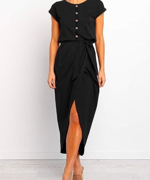 Margovil Cap Short Sleeve Buttons Tulip Hem Dress