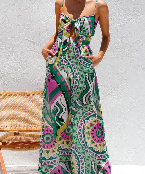 Spaghetti Strap Cut Out Wide Leg Printed Jumpsuit