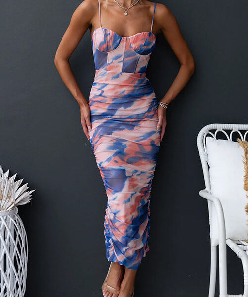 Spaghetti Strap Ruched Back Slit Printed Bodycon Midi Dress