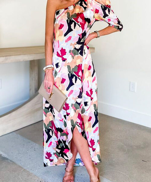 One Shoulder Bubble Sleeve Printed Wrap Maxi Dress