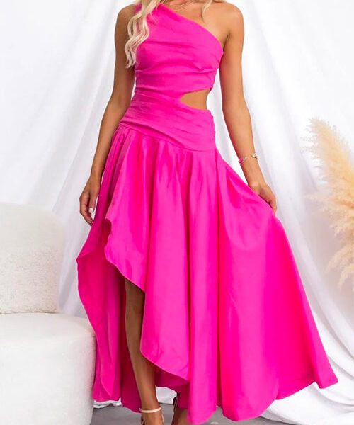 One Shoulder Cut Out High Low Hem Maxi Swing Dress