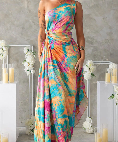 One Shoulder Cut Out Waist Pleated Maxi Print Dress
