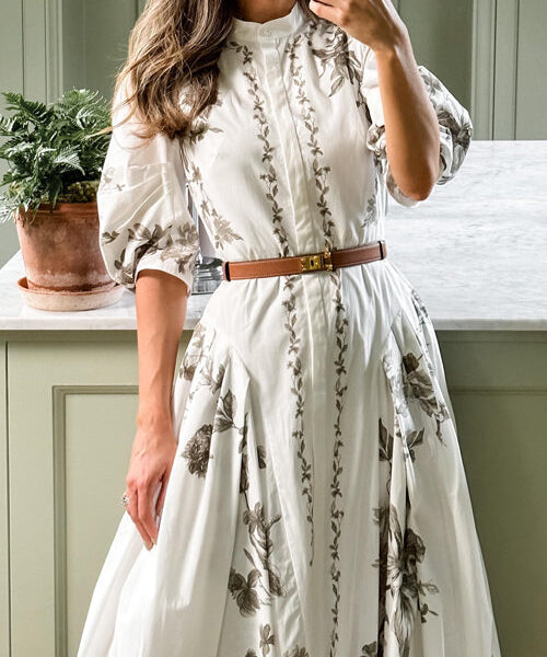 Stand Collar Puff Sleeves Printed Swing Midi Shirt Dress