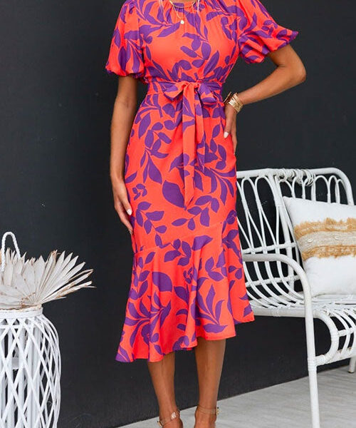 Short Sleeves Tie Waist Printed Ruffle Midi Dress