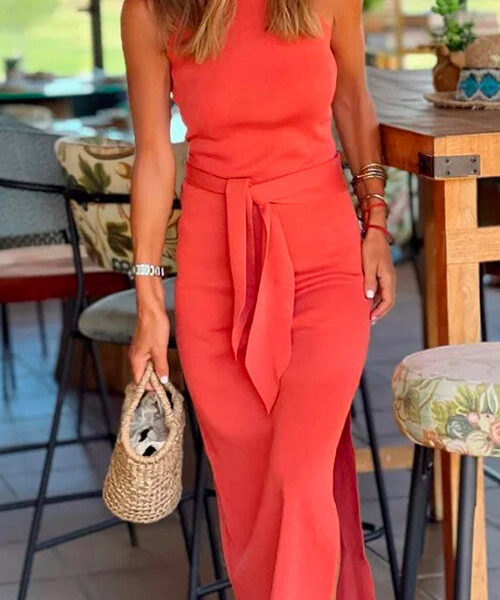 Margovil Halter Sleeveless Tie Waist Side Split Dress