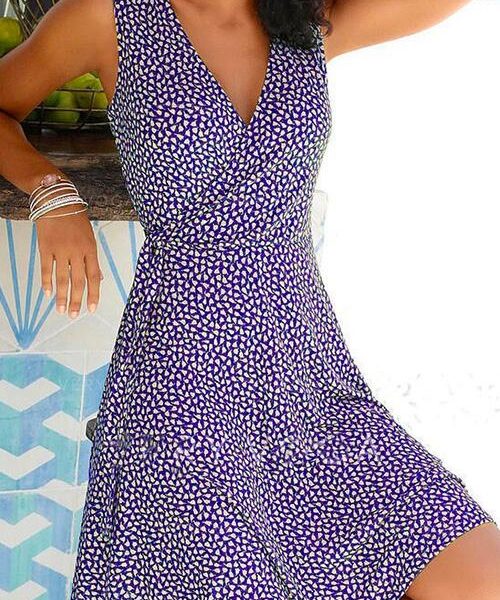 Margovil Wrap V Neck Printed Sleeveless Flowy Dress