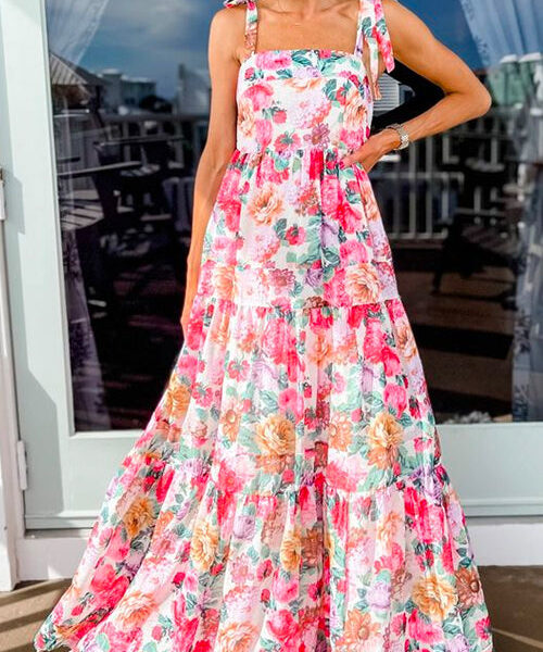Queen Of Roses Tie Shoulder Ruffle Swing Maxi Dress
