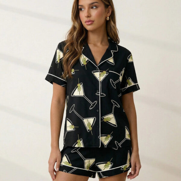 Black Martinis Olives Print Short Pajama Set