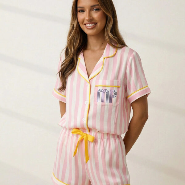 Retro Stripe Print Button Up Pajama Set