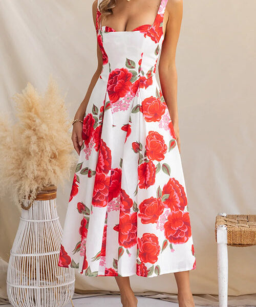 Adjustable Strap Floral Print Swing Midi Dress