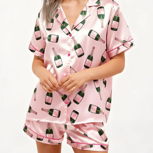 Champagne Bottle Short Sleeve Satin Pajama Set
