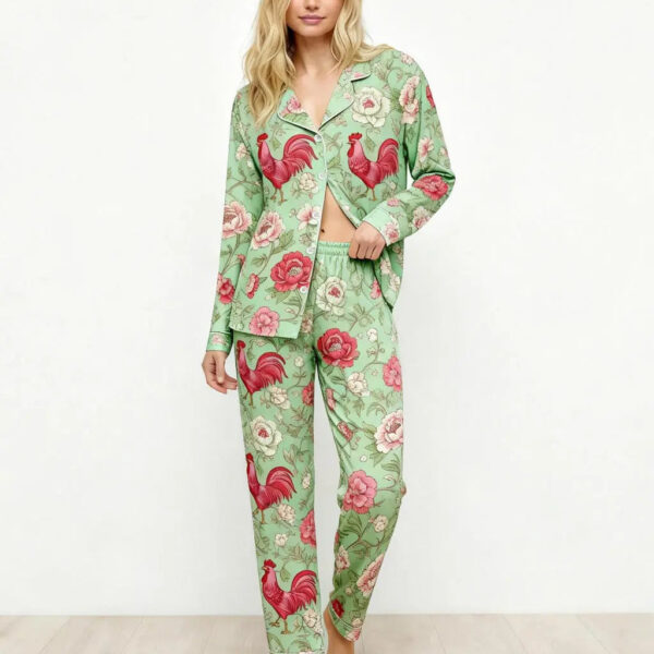 Vintage Rooster Floral Print Pajama Set