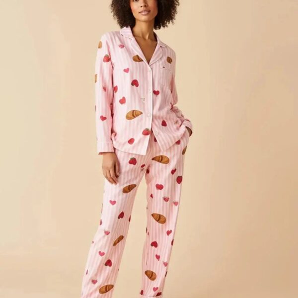 Strawberry Croissant Print Pink Pajama Set
