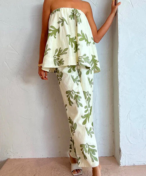 Off Shoulder Sleeveless Loose Top Wide Leg Pants Printed Holiday Set