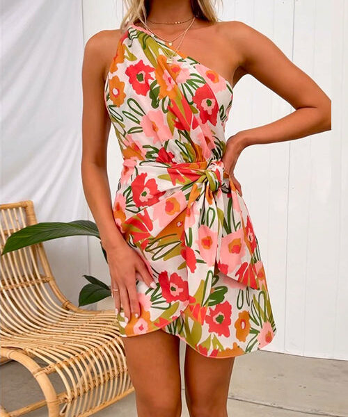 One Shoulder Wrapped Tie Waist Floral Printed Mini Dress