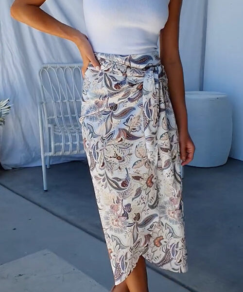 Tie Waist Printed Wrap Midi Skirt