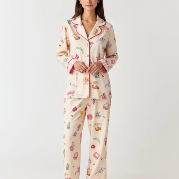 Multi-Element Cartoon Print Lapel Pajama Set