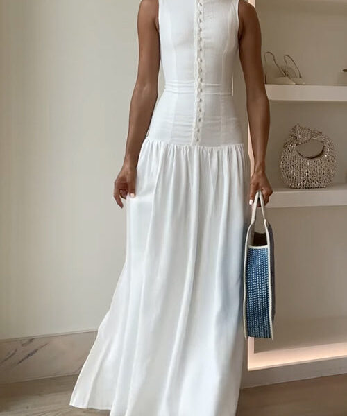 Sleeveless Button Up Backless Swing Maxi Dress