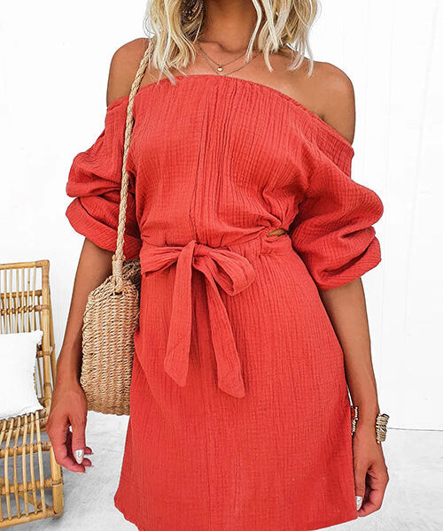 Off Shoulder Tie Waist A-line Mini Dress