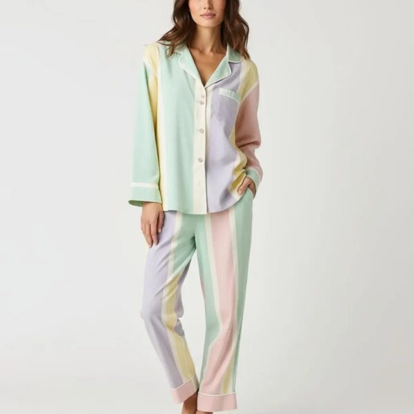 Striped Contrast-Color Long Pajama Set
