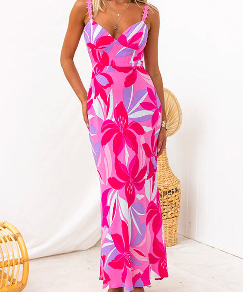 Sleeveless Adjustable Straps Floral Print Maxi Dress