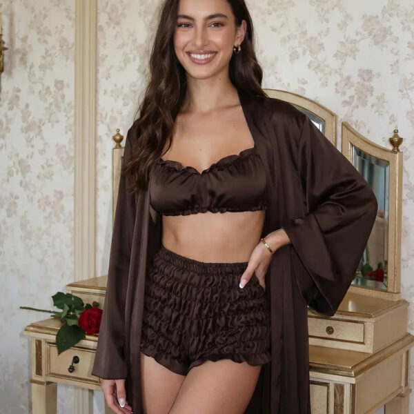 Satin Ruched Bralette & Bloomers 3-Piece Robe Set