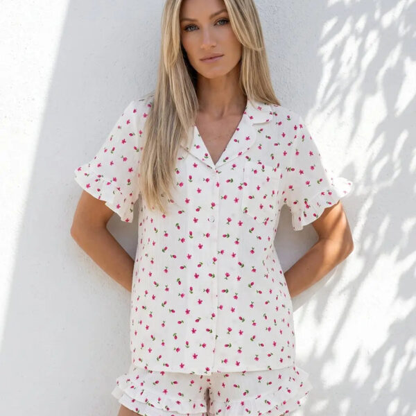 Ditsy Pink Floral Ruffle Sleeve Cotton Gauze Pajama Set
