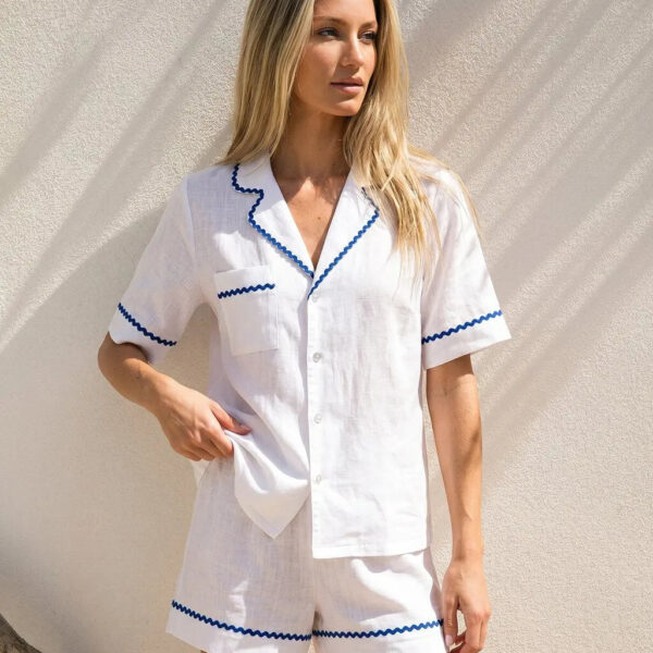 Classic White Notch Collar Cotton Pajama Set with Colorblock Blue Rickrack Trim