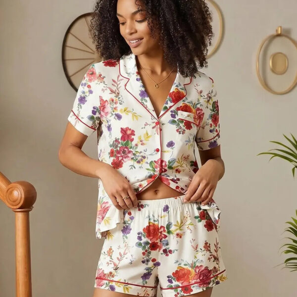 Vintage Multicolor Floral Satin Notch Collar Pajama Set