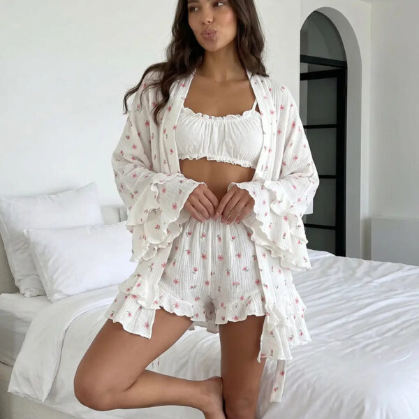 Floral Print Ruffle Two-Piece Gauze Lounge Set